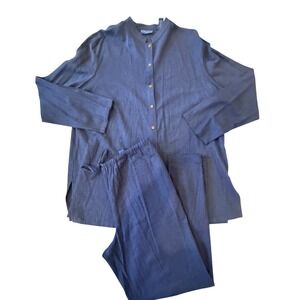 Karen Scott Sport Blue Linen 2 Piece Set Button Top/Pants XL Resortwear Vacation